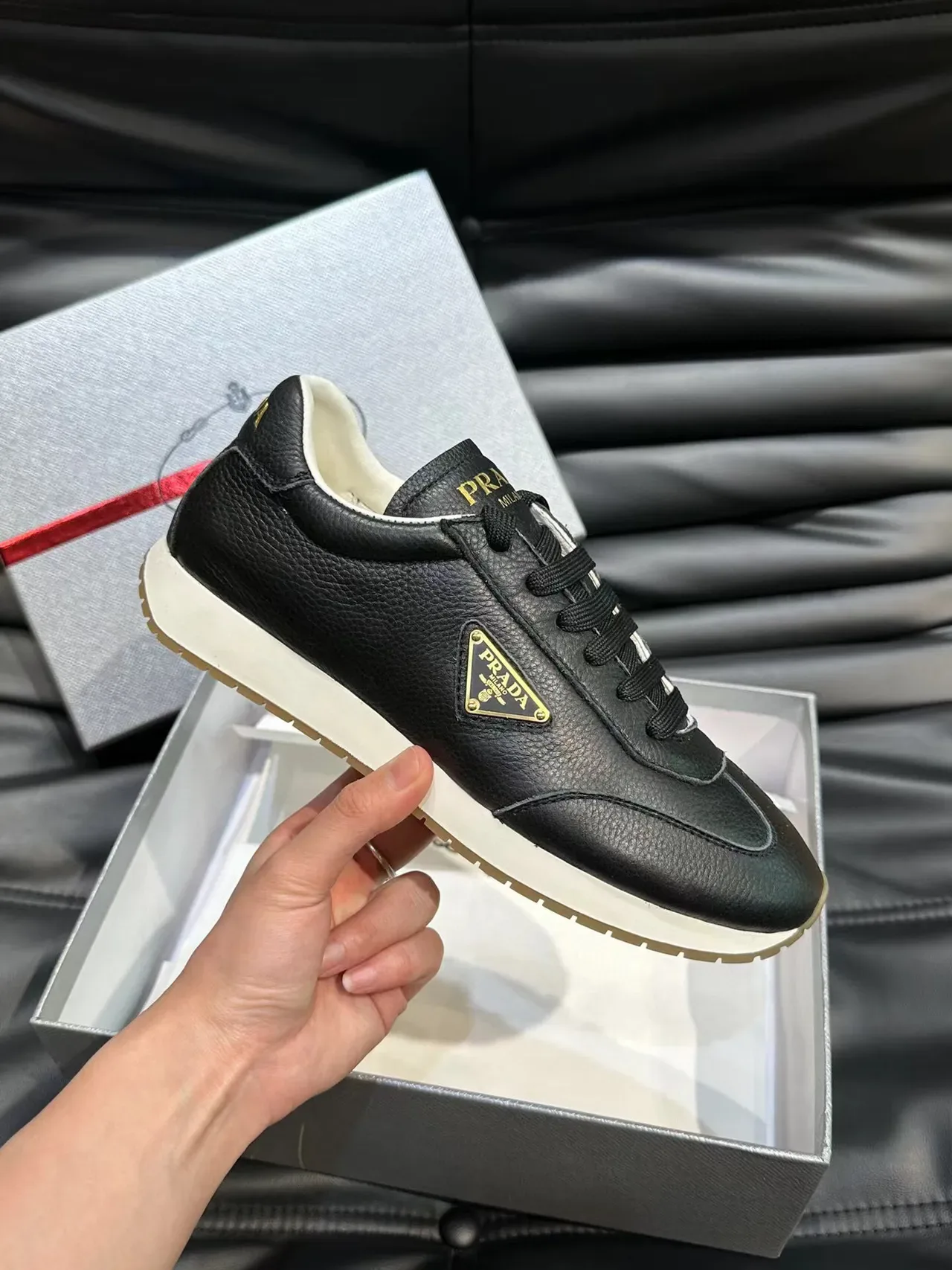 Prada Black Gold Pebbled Leather Triangular Logo Lifestyle Sneakers 5