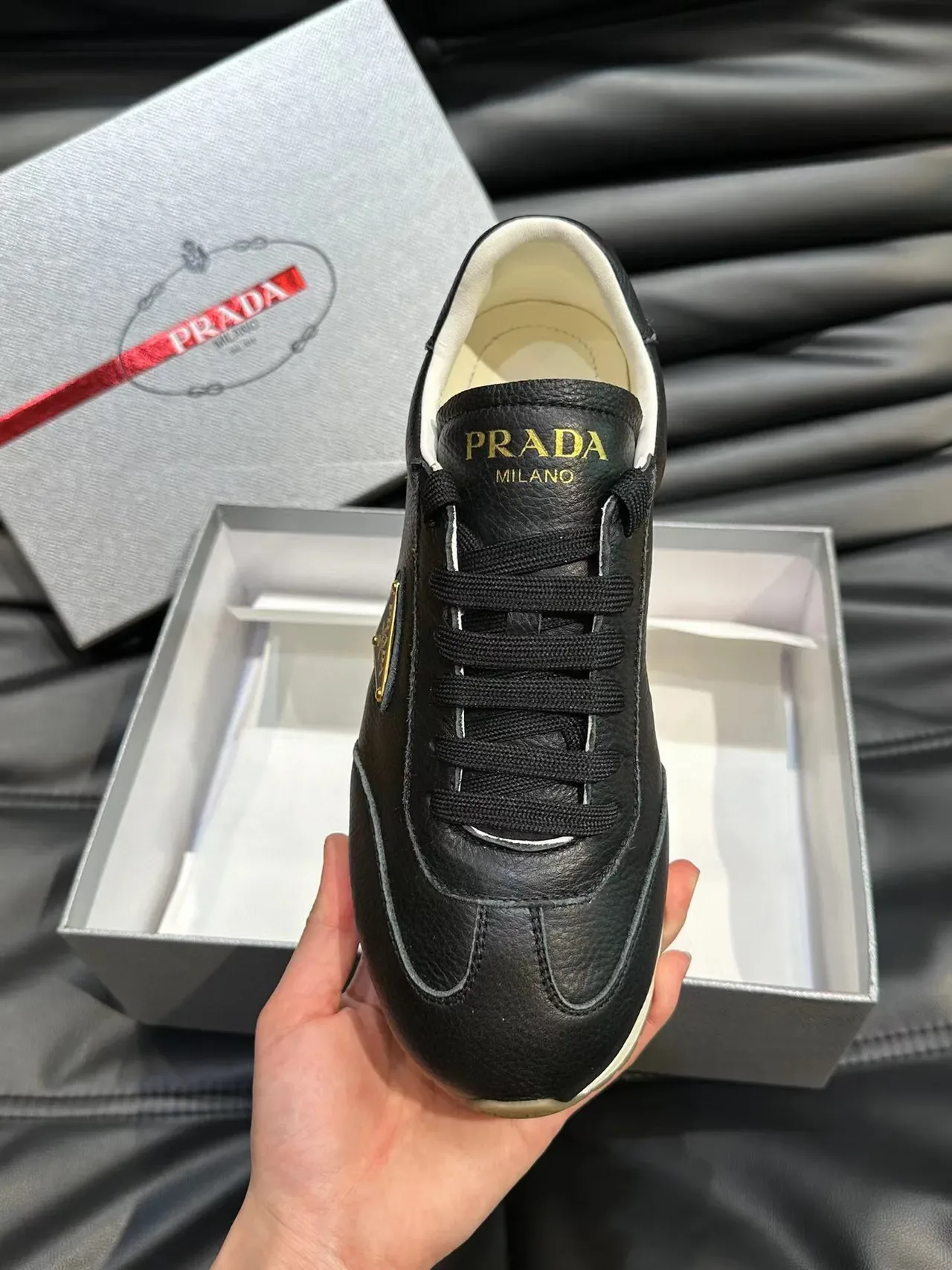 Prada Black Gold Pebbled Leather Triangular Logo Lifestyle Sneakers 6