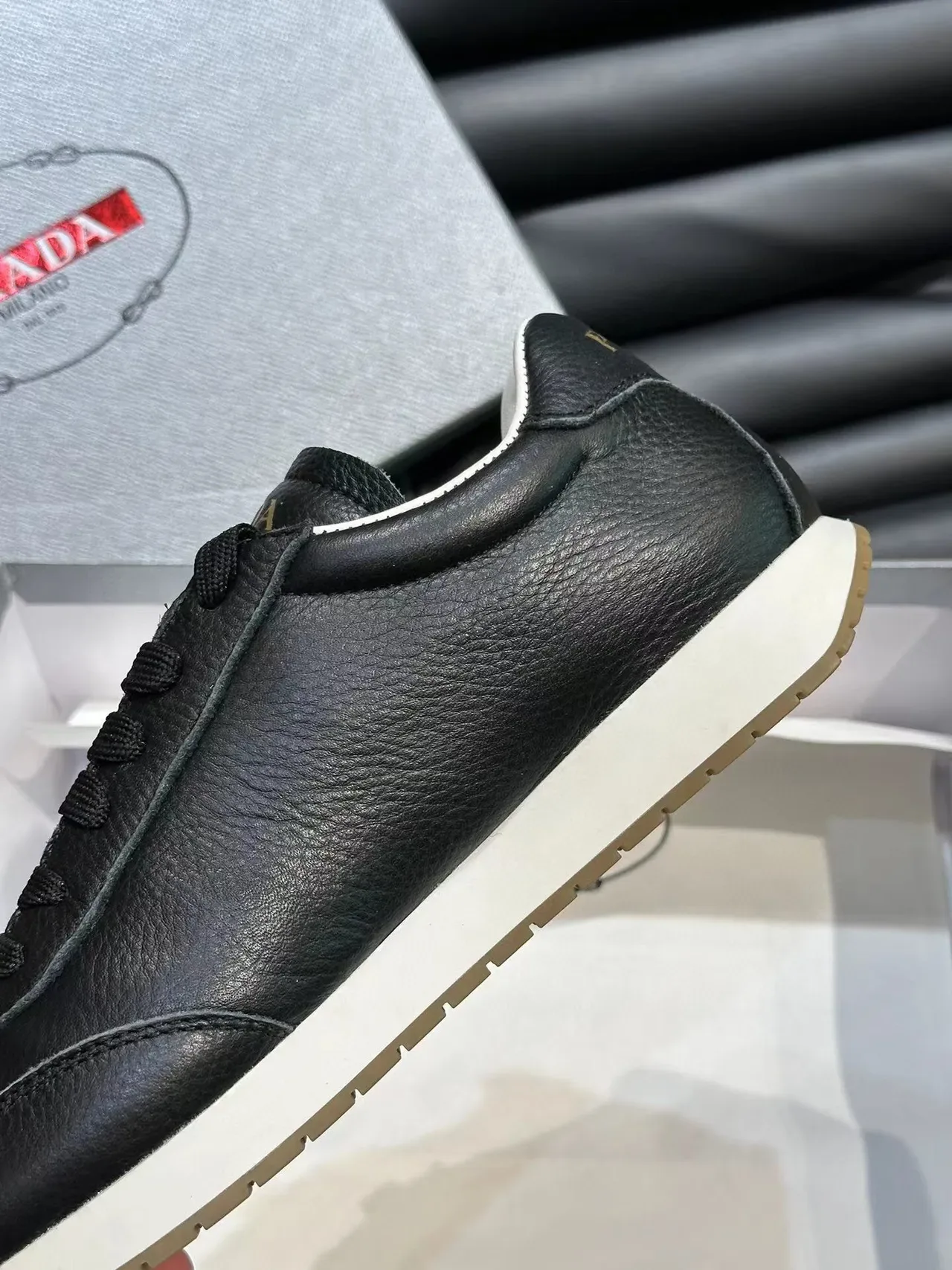 Prada Black Gold Pebbled Leather Triangular Logo Lifestyle Sneakers 7
