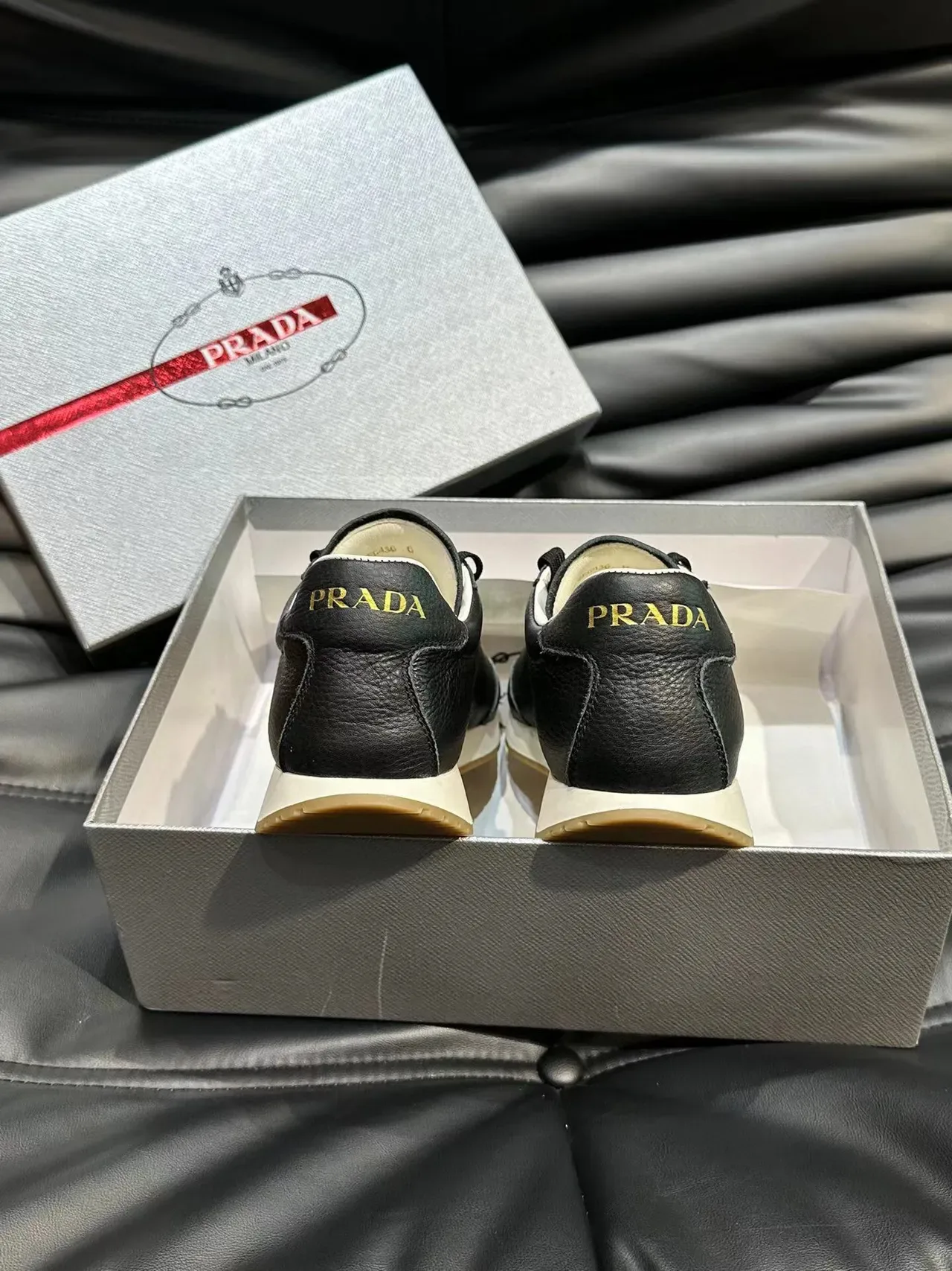 Prada Black Gold Pebbled Leather Triangular Logo Lifestyle Sneakers 8
