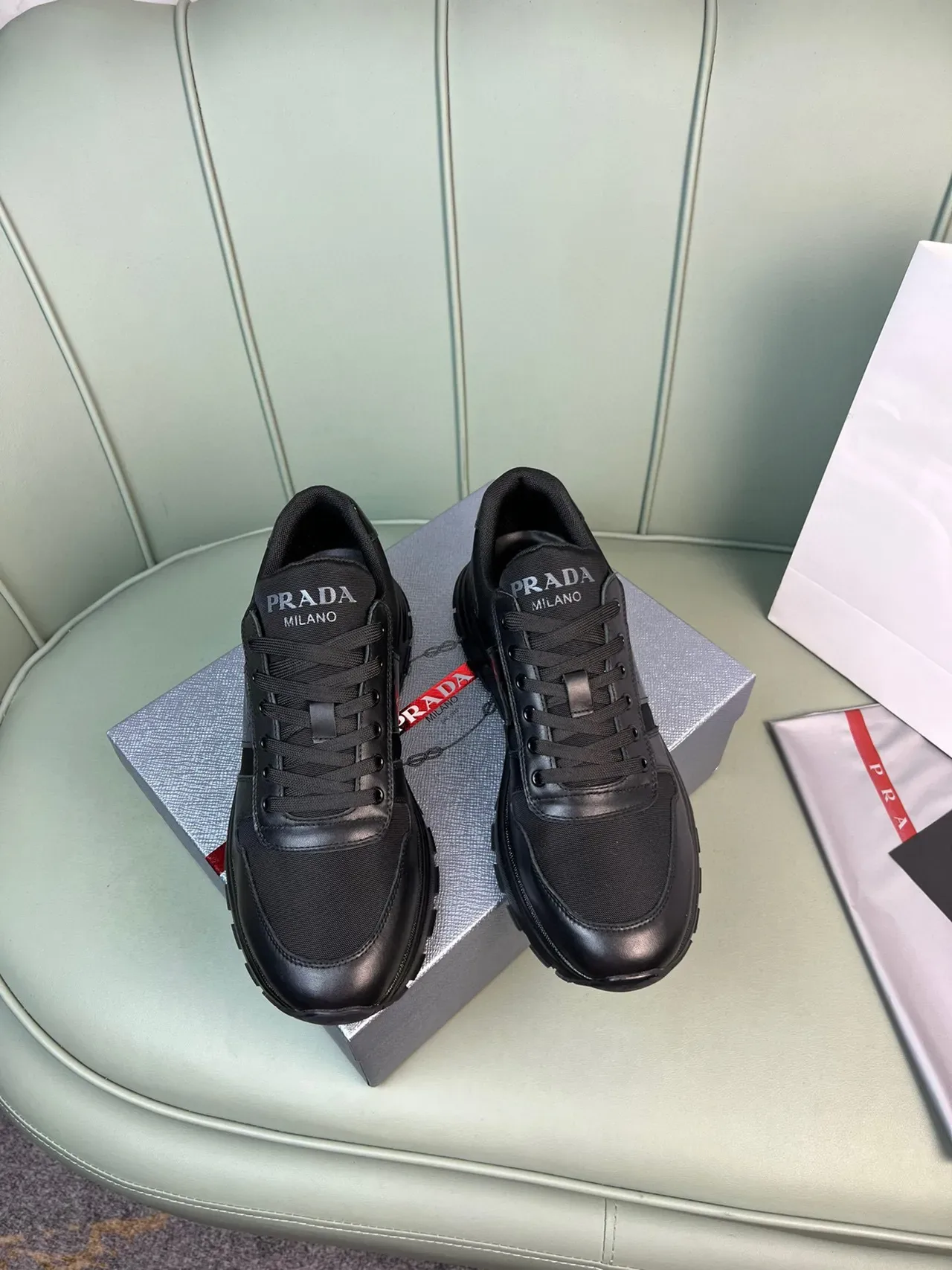 Prada Black Leather and Textile Lifestyle Sneakers 7