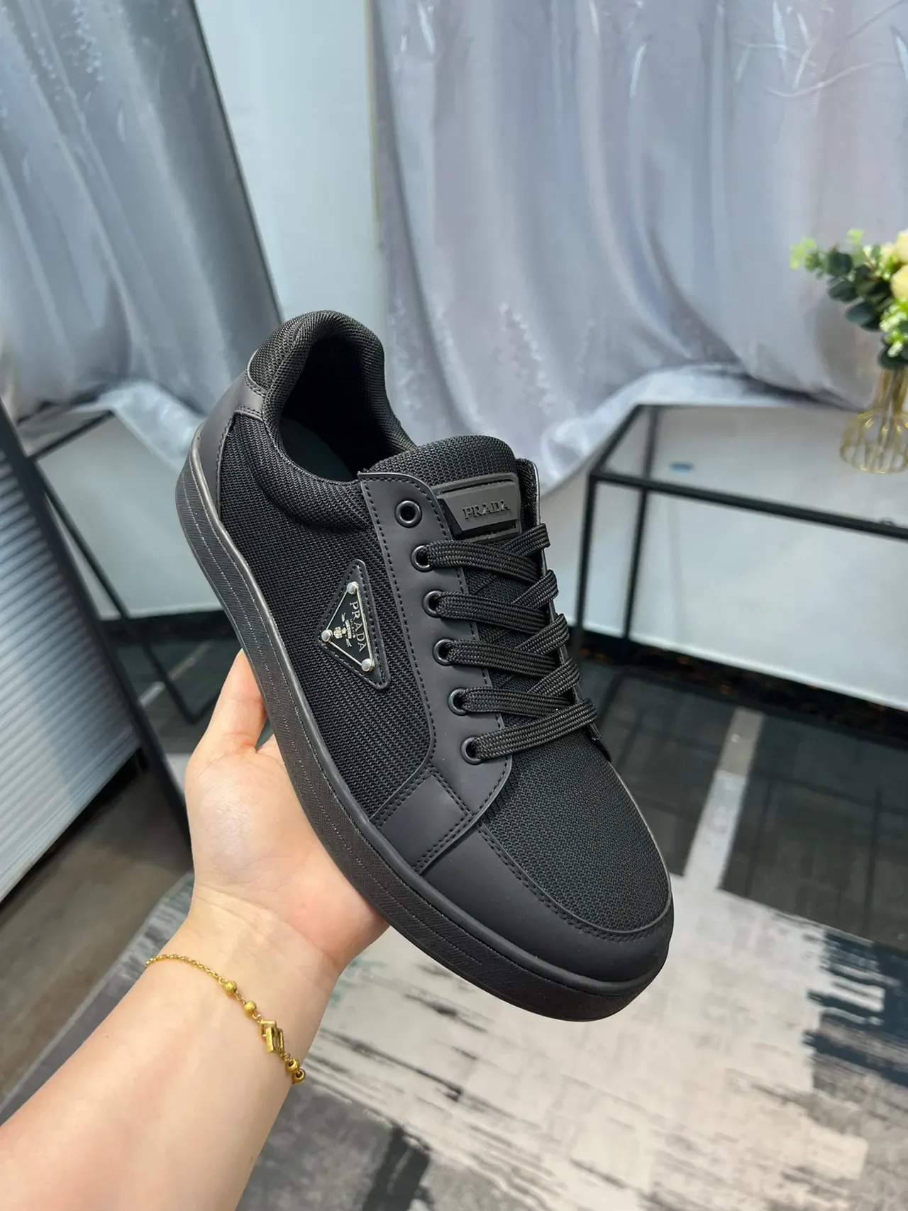 Prada Black Low-Top Mesh-and-Synthetic Upper Lifestyle Sneakers 6