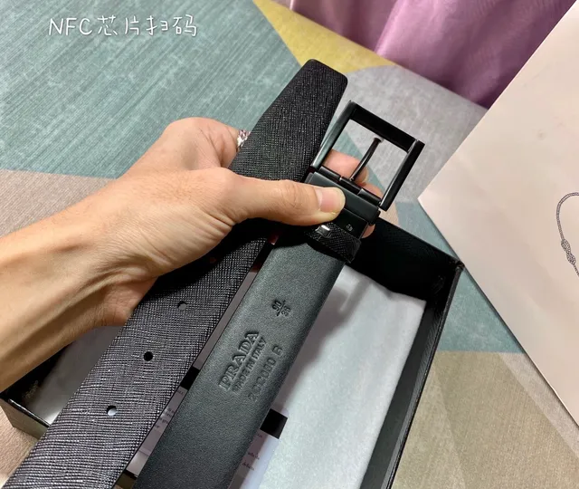 Prada Black Minimalist Rectangular Buckle Leather Belt 3