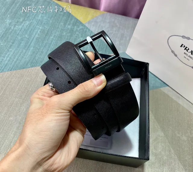 Prada Black Minimalist Rectangular Buckle Leather Belt 4