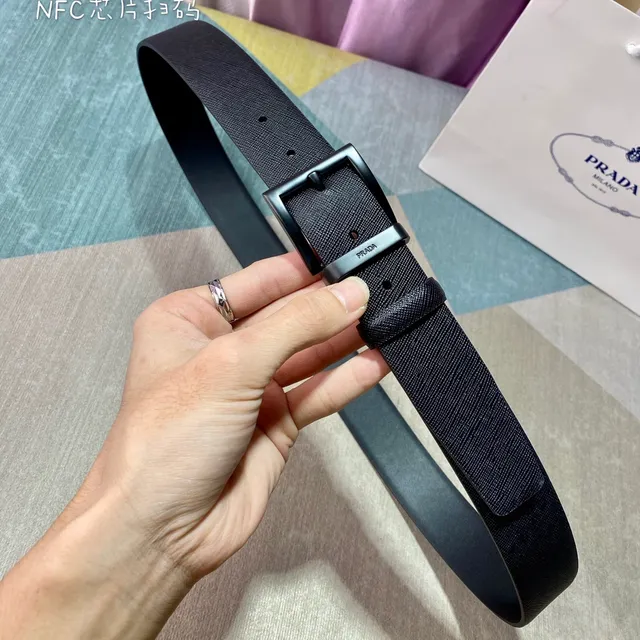 Prada Black Minimalist Rectangular Buckle Leather Belt 7