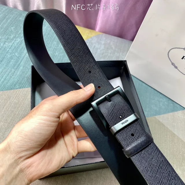 Prada Black Minimalist Rectangular Buckle Leather Belt 8