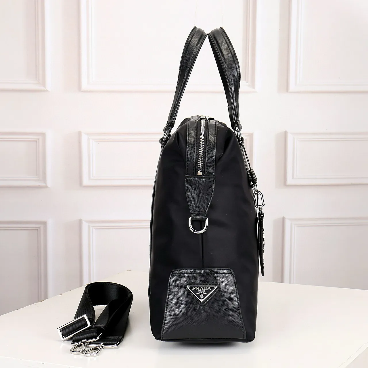 Prada Black Nylon Body Saffiano Leather Trim Boston Bag 7