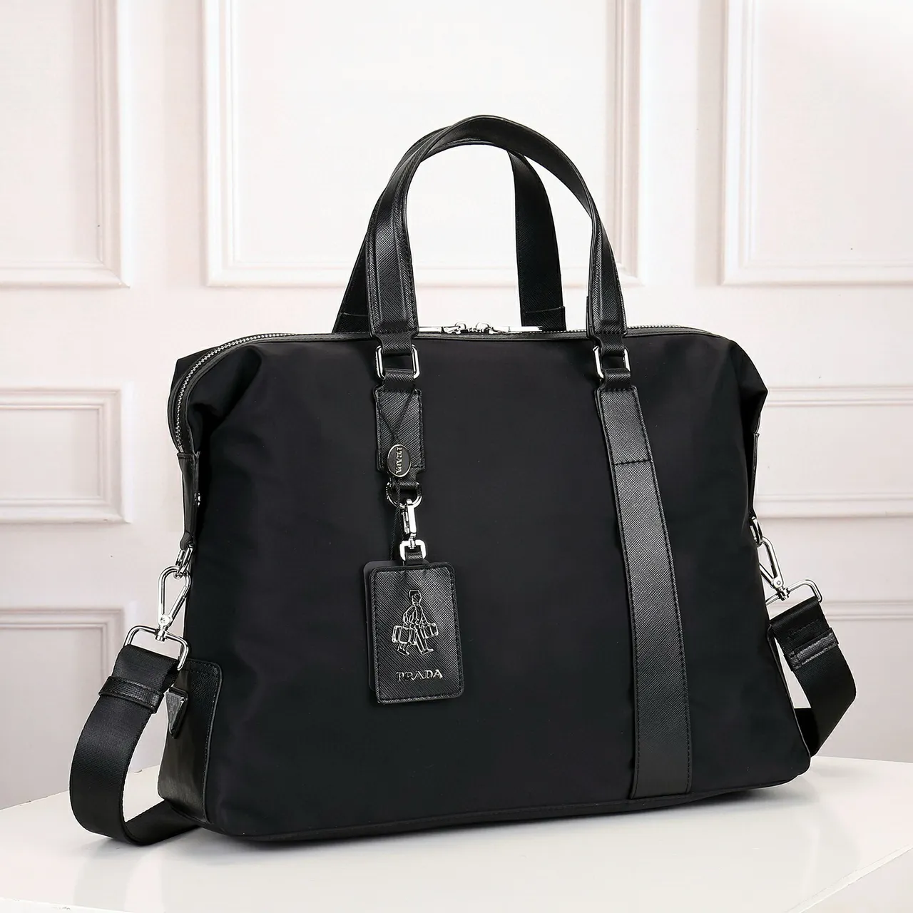 Prada Black Nylon Body Saffiano Leather Trim Boston Bag 9