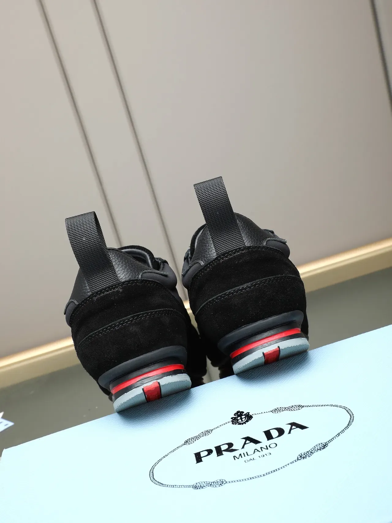Prada Black Red Suede And Nylon Upper Pull Tab Heel Lifestyle Sneakers 3
