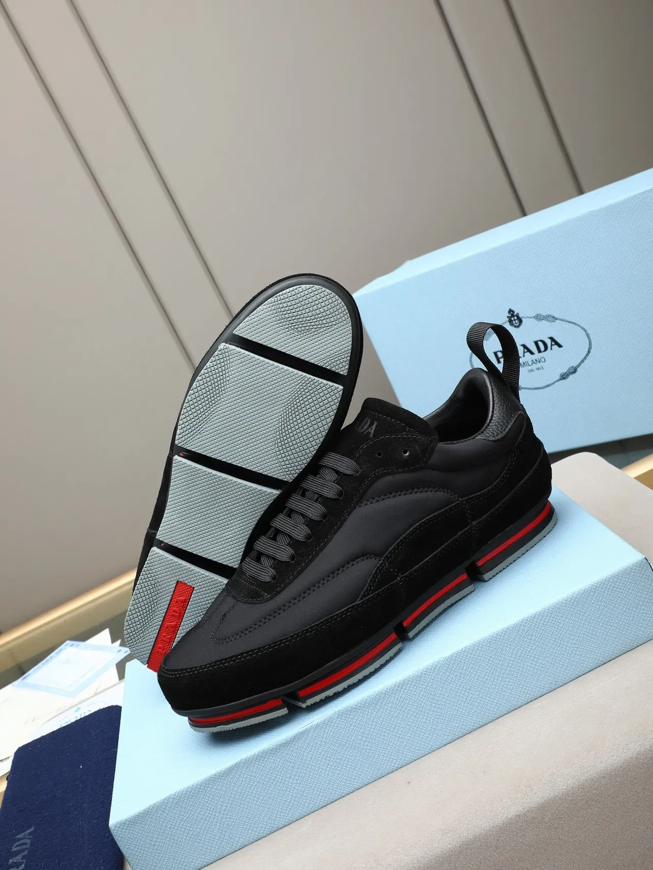 Prada Black Red Suede And Nylon Upper Pull Tab Heel Lifestyle Sneakers 4