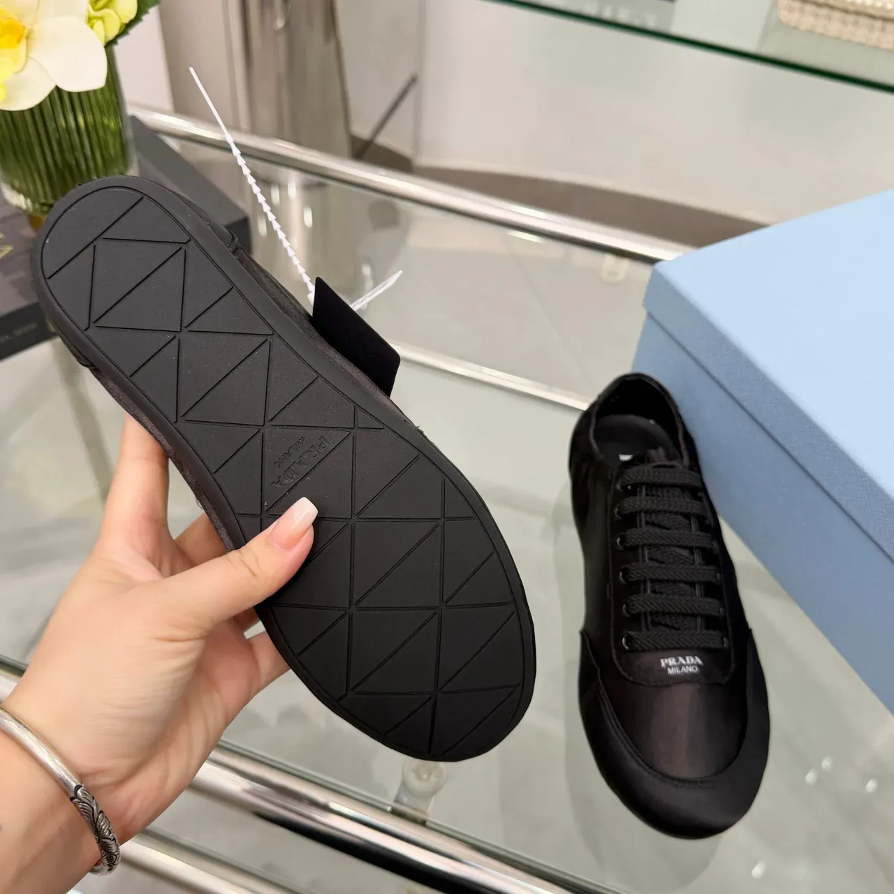 Prada Black Satin Low-Top Lace-Up Sneaker 2