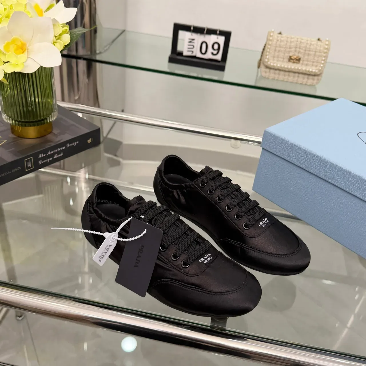 Prada Black Satin Low-Top Lace-Up Sneaker 5