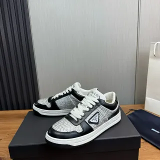 Prada Sneakers Lifestyle Negras Plata Cristal-Embellished Malla Cuero Paneles Contraste