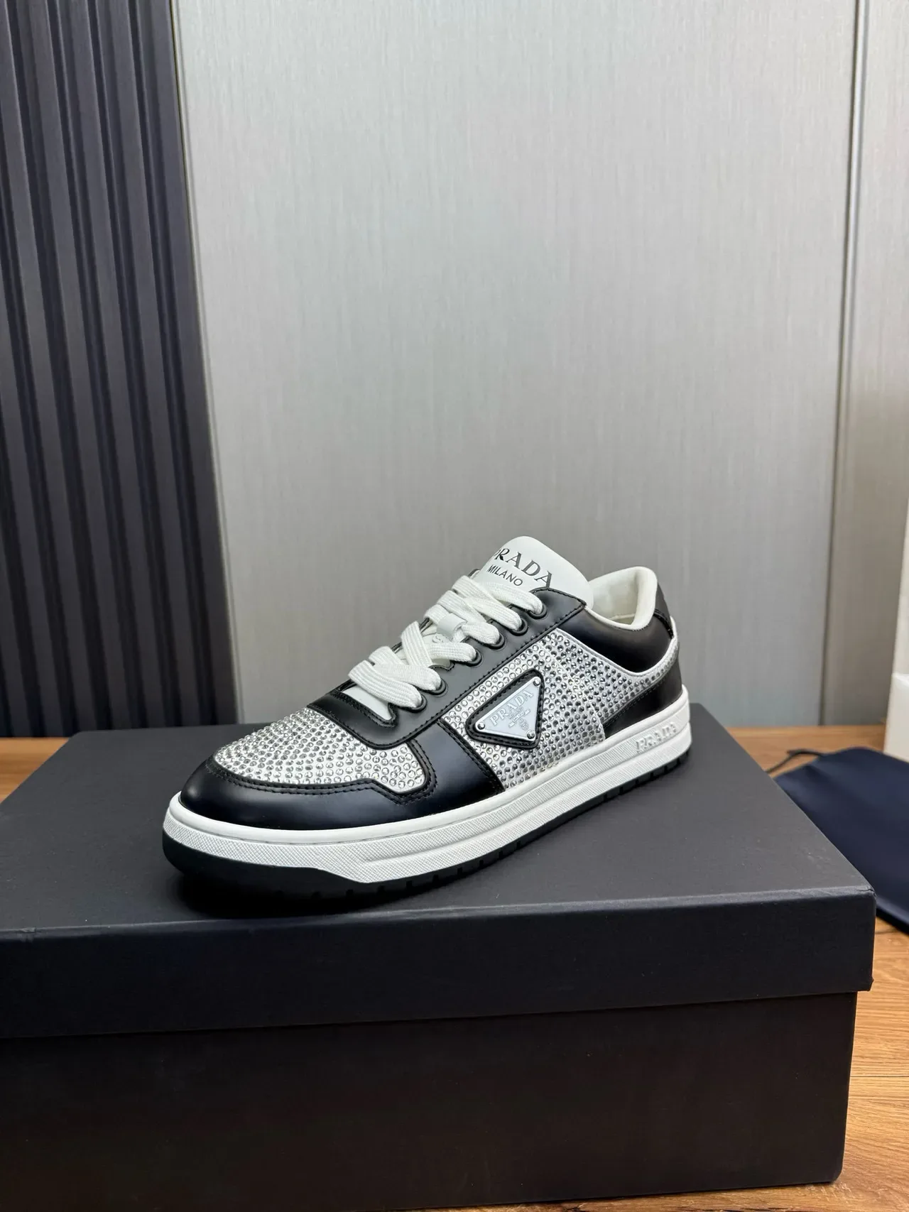 Prada Black Silver Crystal-Embellished Mesh Leather Contrast Panels Lifestyle Sneakers 2