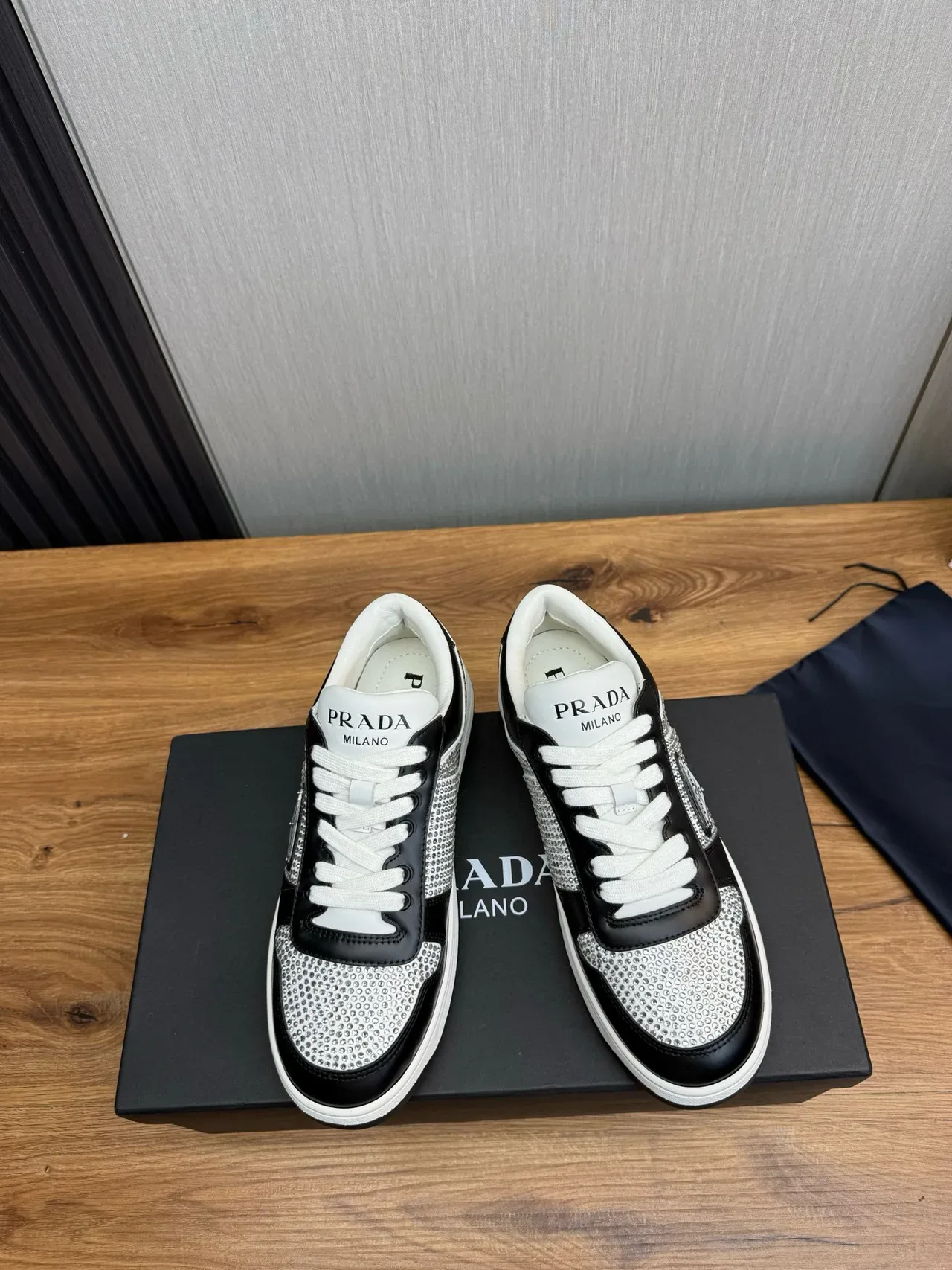 Prada Black Silver Crystal-Embellished Mesh Leather Contrast Panels Lifestyle Sneakers 3