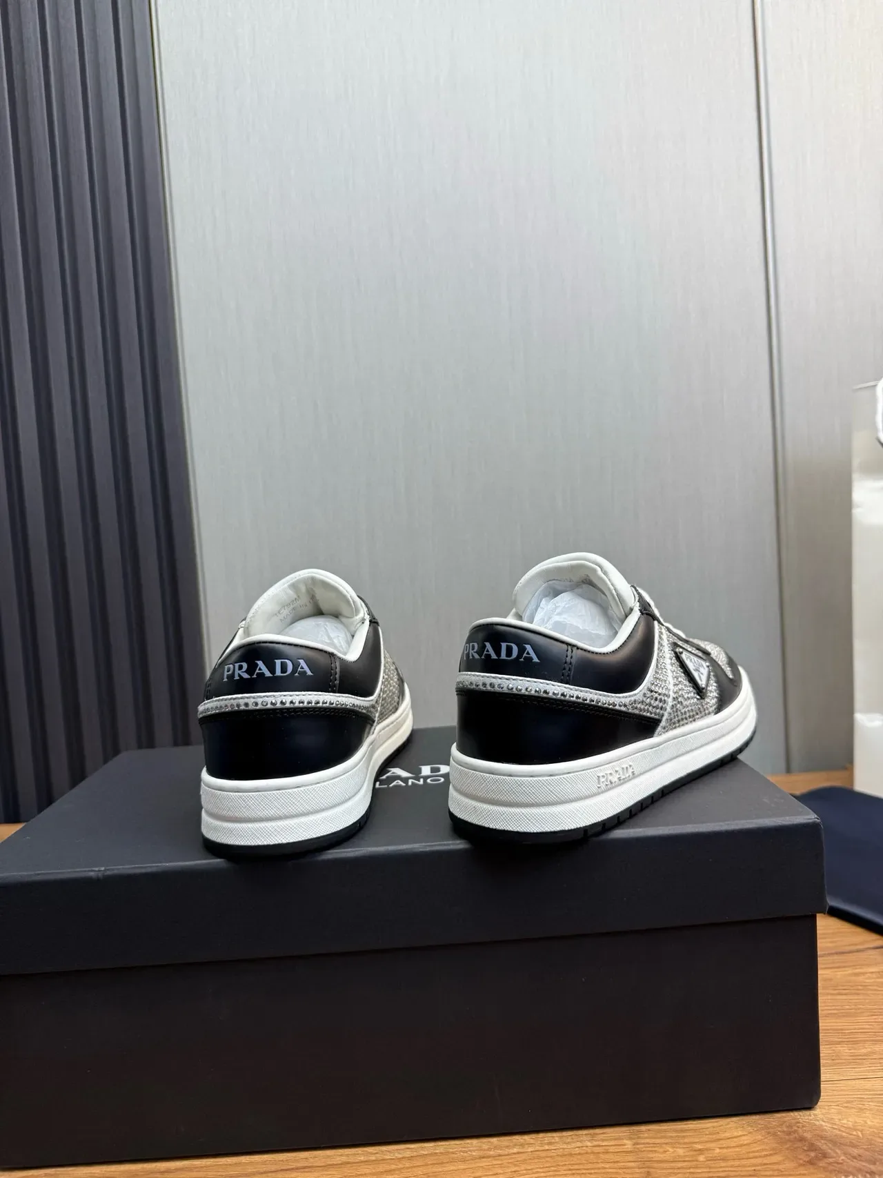 Prada Black Silver Crystal-Embellished Mesh Leather Contrast Panels Lifestyle Sneakers 4