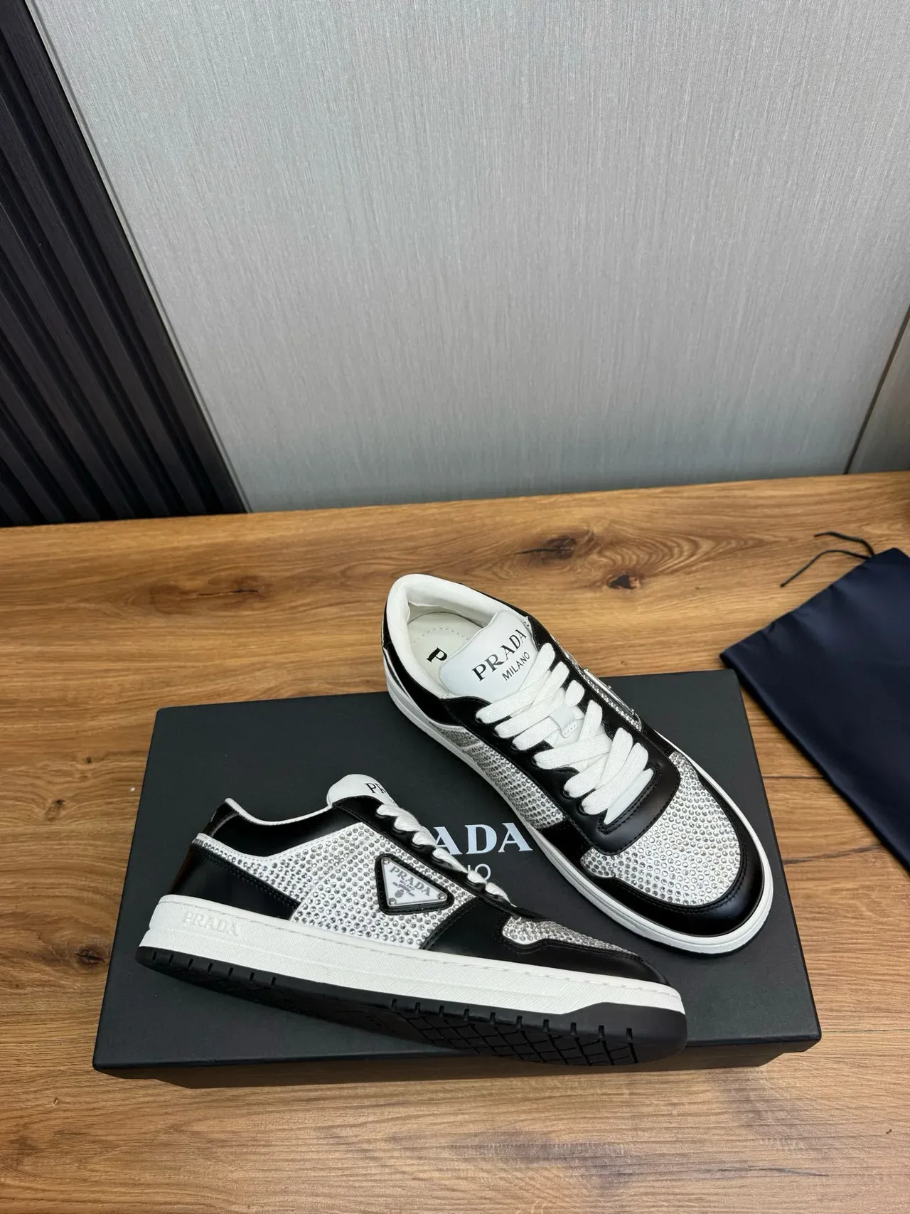 Prada Black Silver Crystal-Embellished Mesh Leather Contrast Panels Lifestyle Sneakers 5