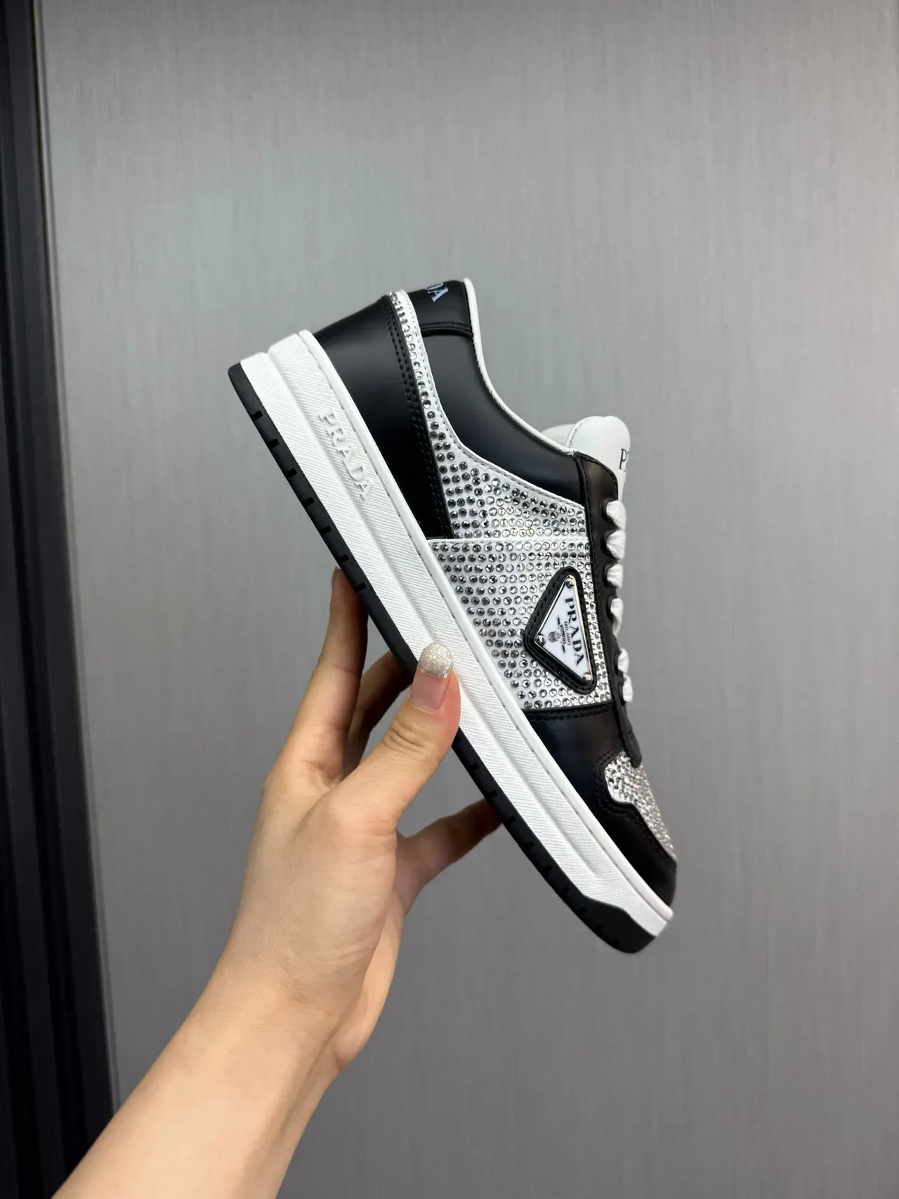 Prada Black Silver Crystal-Embellished Mesh Leather Contrast Panels Lifestyle Sneakers 6