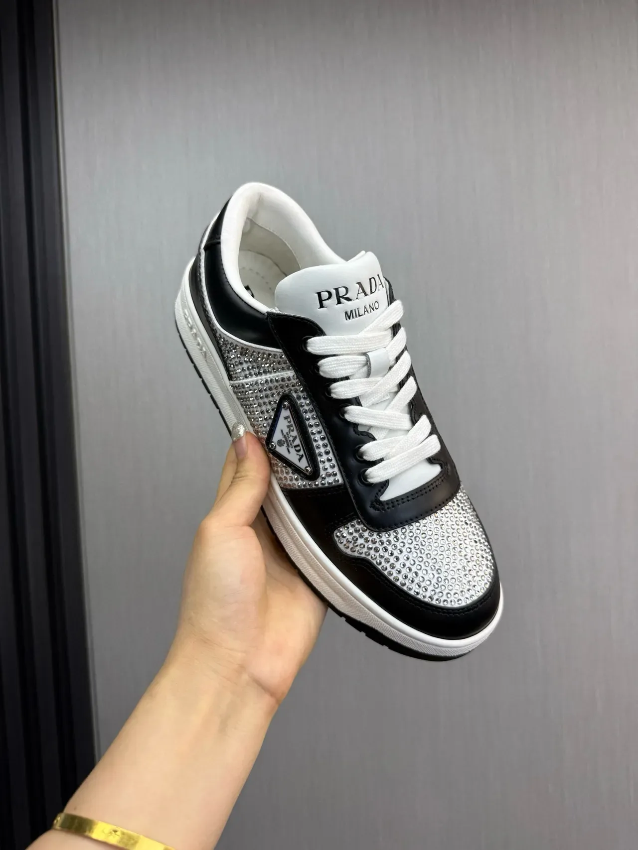 Prada Black Silver Crystal-Embellished Mesh Leather Contrast Panels Lifestyle Sneakers 7