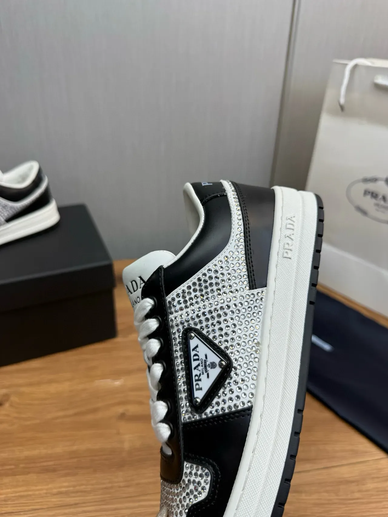 Prada Black Silver Crystal-Embellished Mesh Leather Contrast Panels Lifestyle Sneakers 8