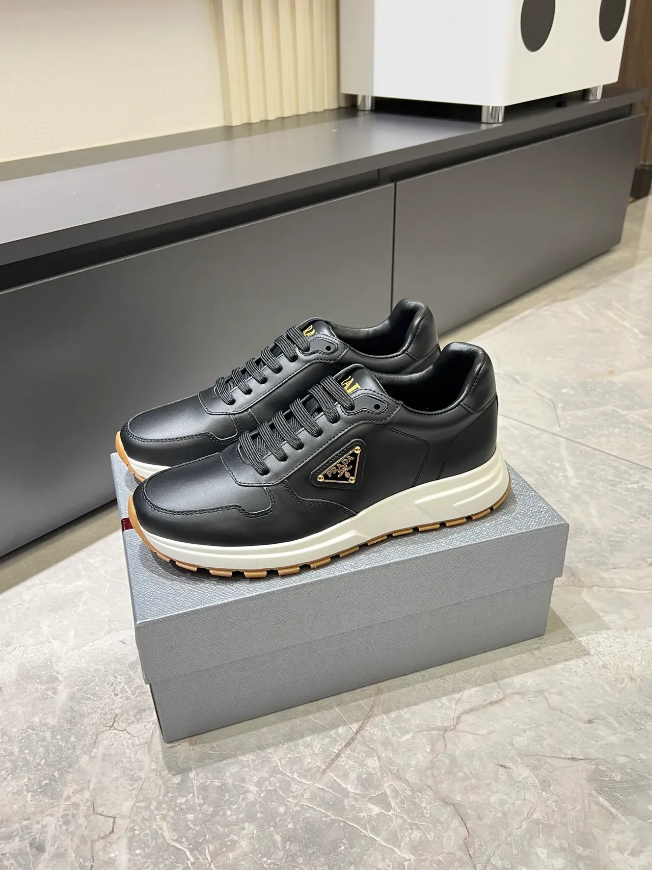 Prada Black White Leather Upper Triangular Logo Plaque Lifestyle Sneakers 4