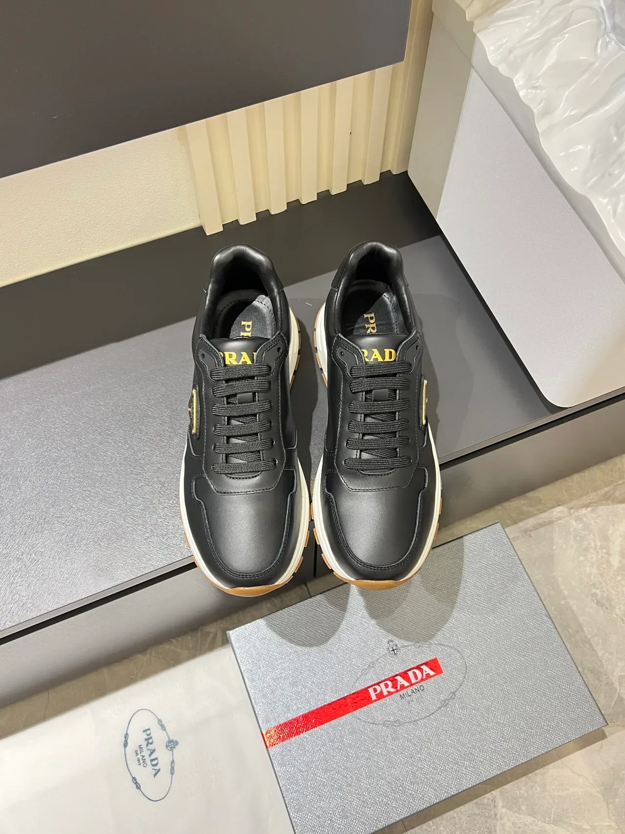 Prada Black White Leather Upper Triangular Logo Plaque Lifestyle Sneakers 5
