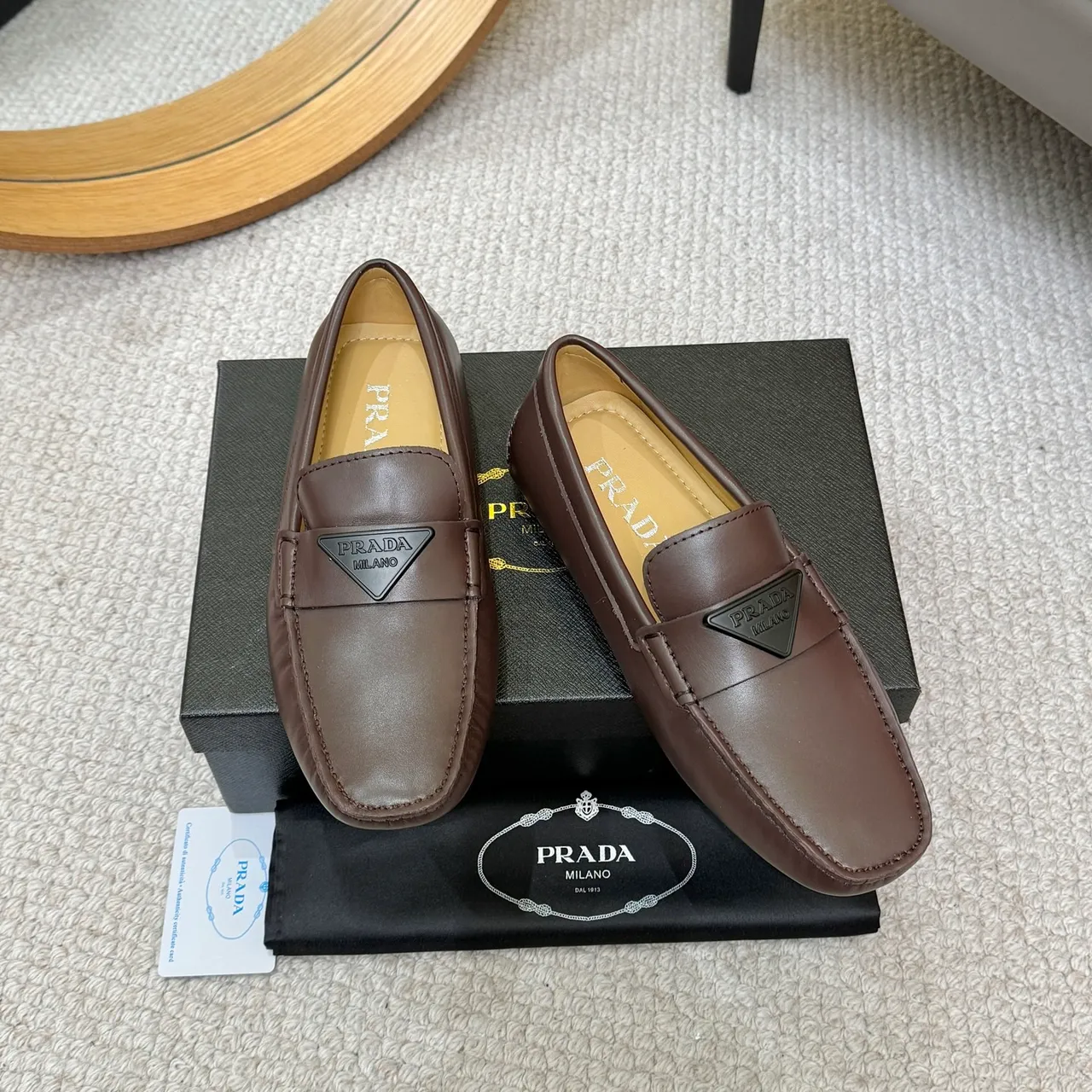 Prada Brown Beige Square-Toe Stitching Loafer 2