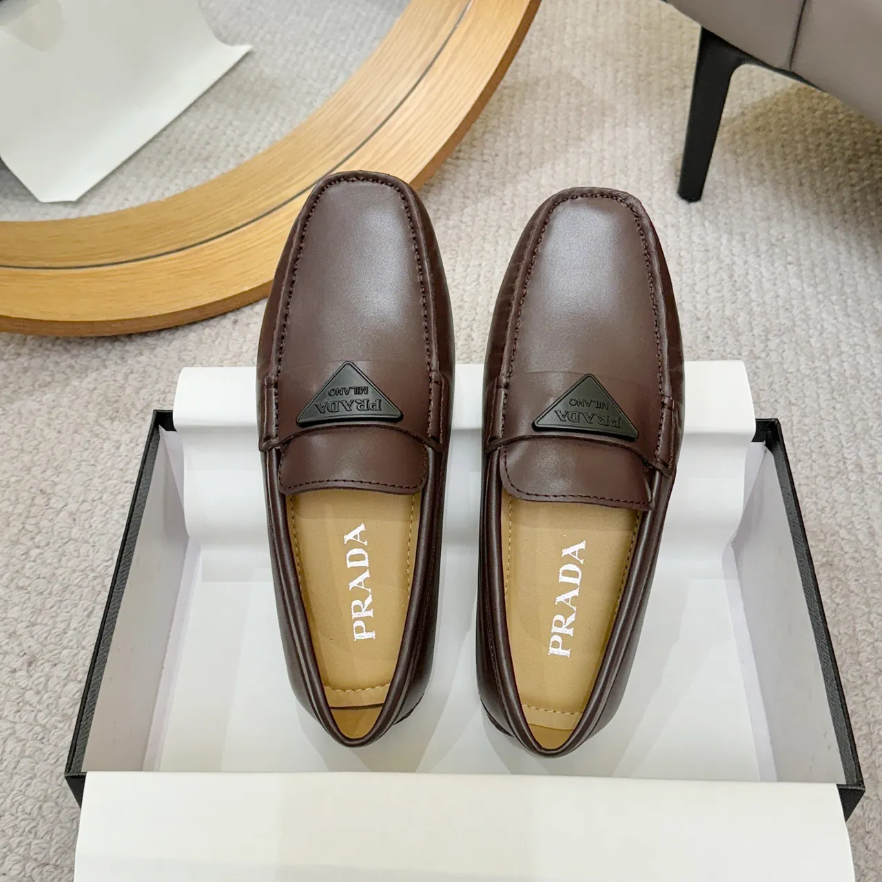 Prada Brown Beige Square-Toe Stitching Loafer 3