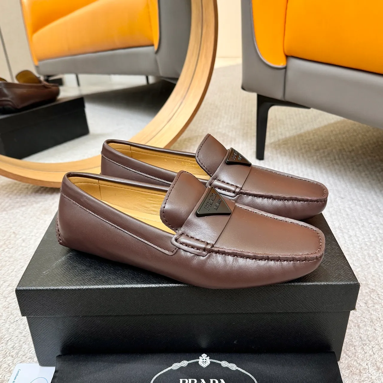 Prada Brown Beige Square-Toe Stitching Loafer 4