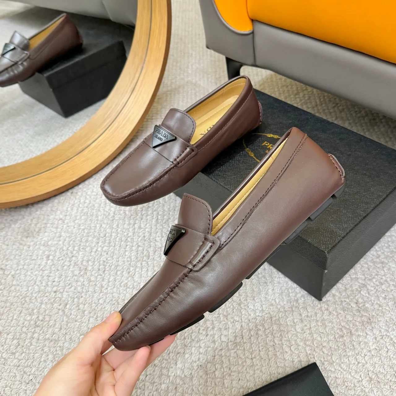 Prada Brown Beige Square-Toe Stitching Loafer 5