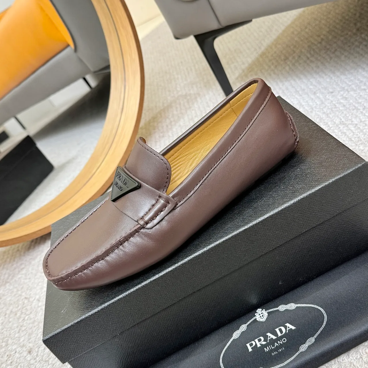 Prada Brown Beige Square-Toe Stitching Loafer 6