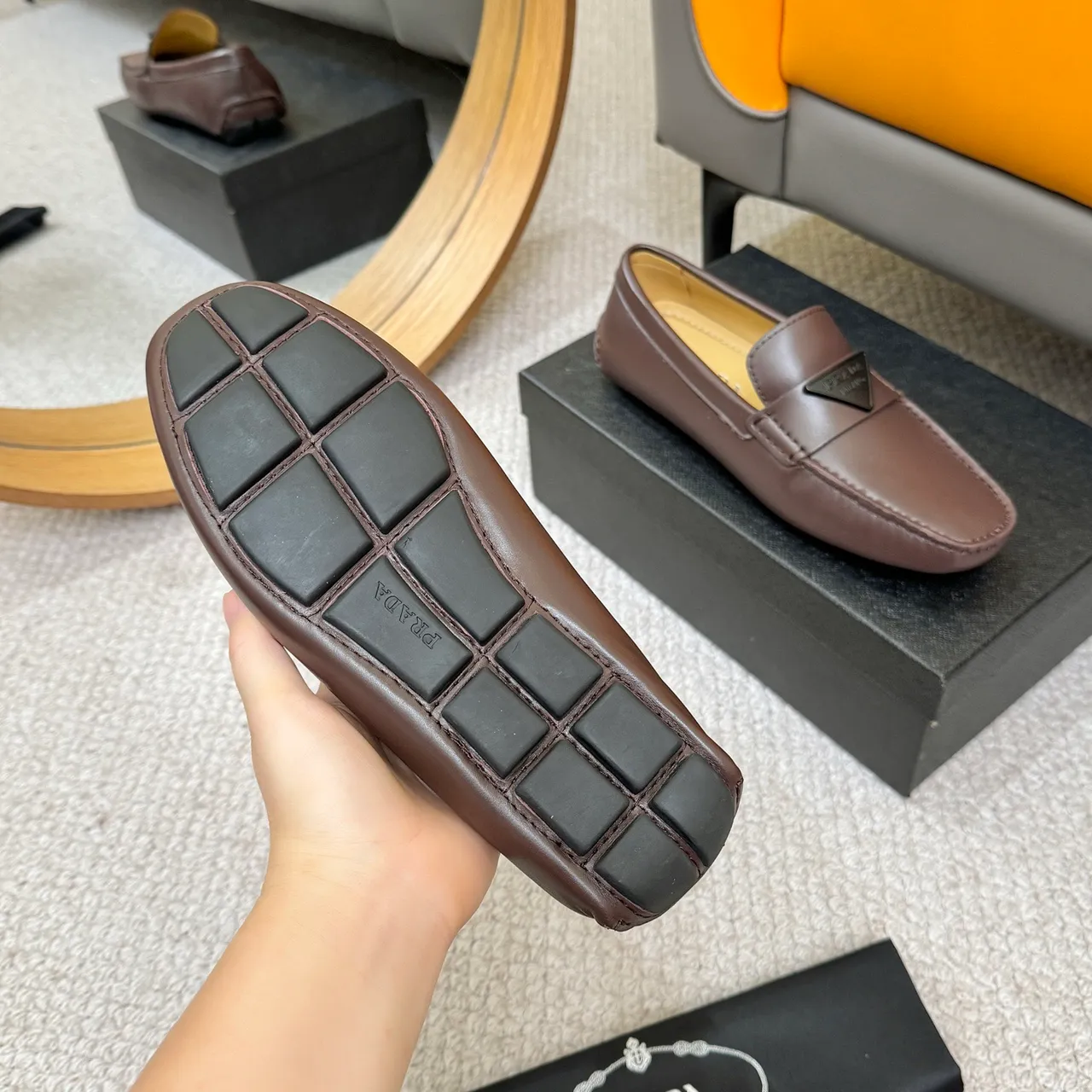 Prada Brown Beige Square-Toe Stitching Loafer 7