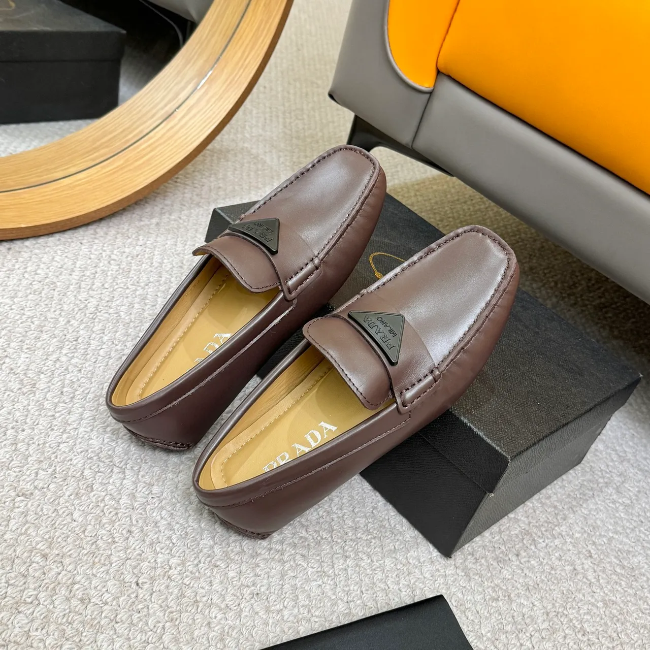 Prada Brown Beige Square-Toe Stitching Loafer 8