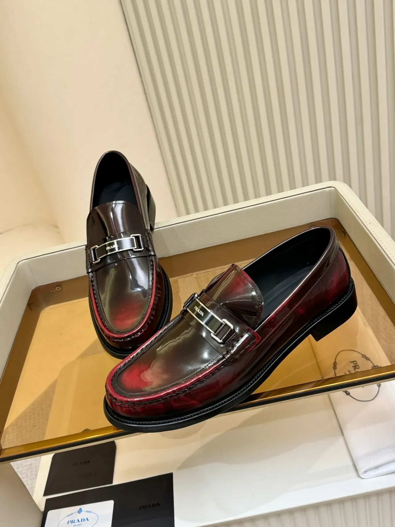 Prada Buckle Loafer Burgundy Gradient Patent Leather Loafers 4