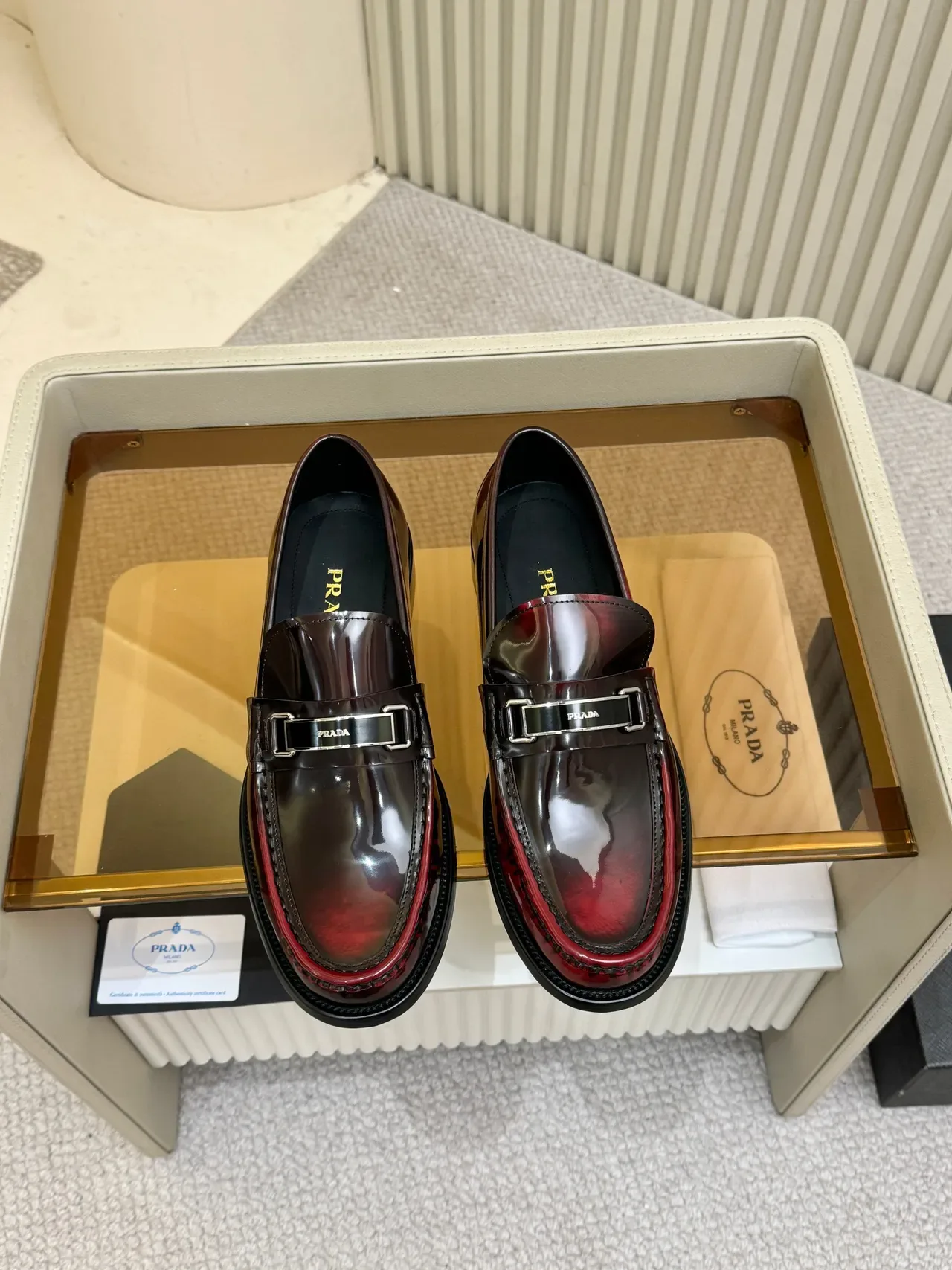Prada Buckle Loafer Burgundy Gradient Patent Leather Loafers 5