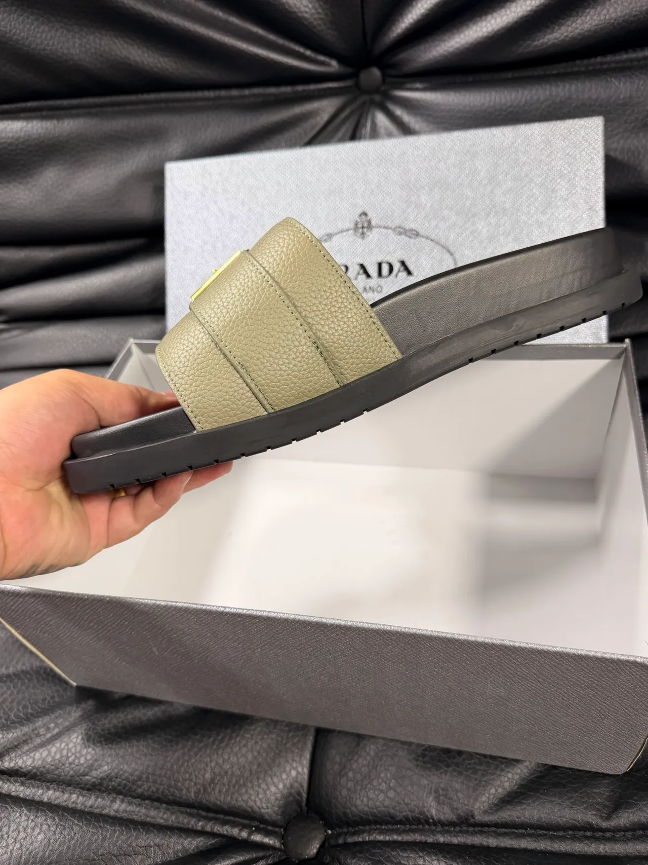 Prada Buckle Strap Slipper Green Black Textured Leather Slippers 3