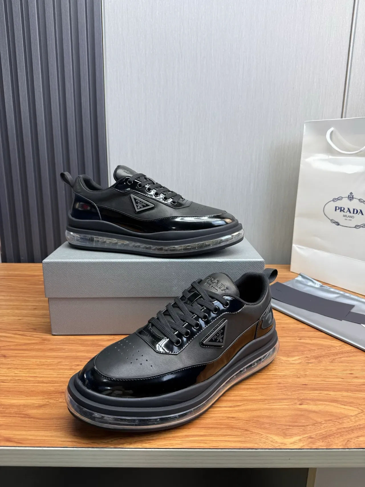 Prada Cloudbust Black Patent and Matte Leather Lifestyle Sneakers 10