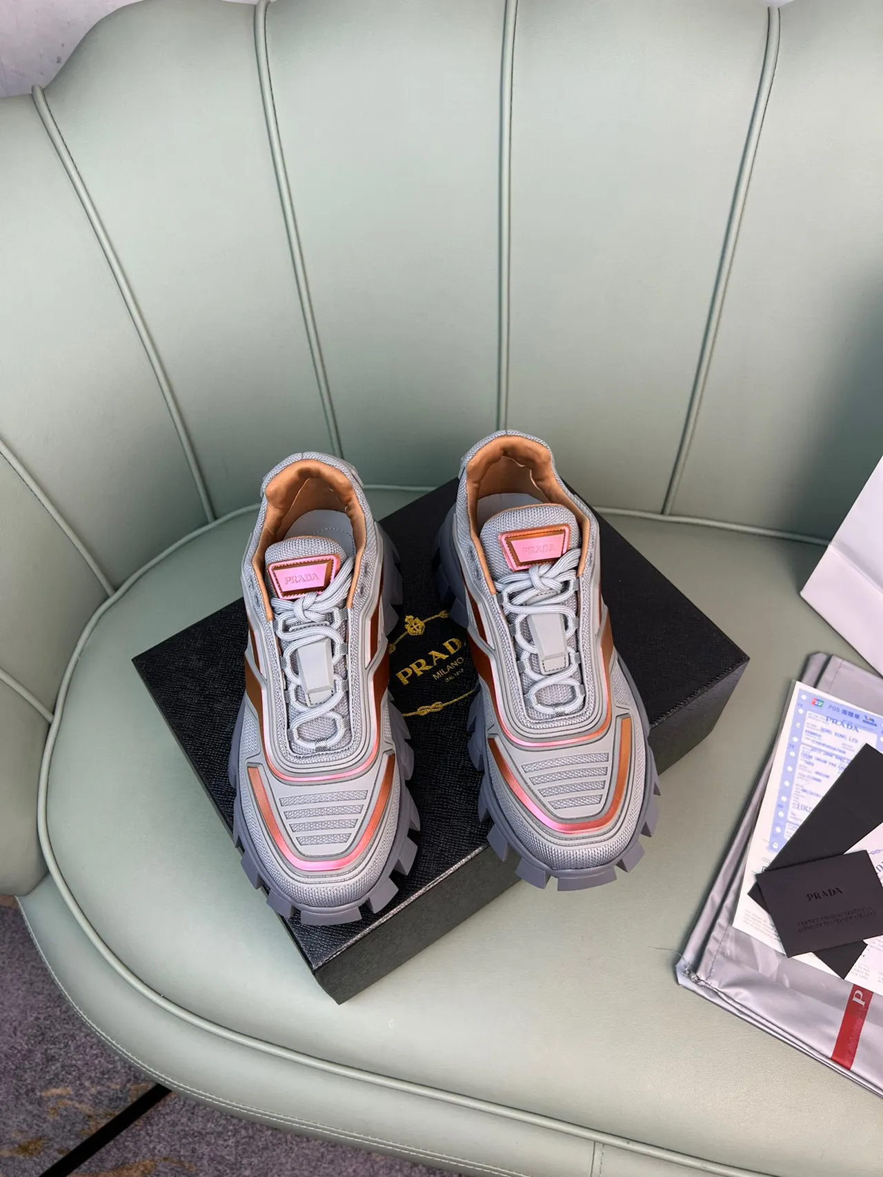 Prada Cloudbust Gray and Orange Chunky Sneakers 9