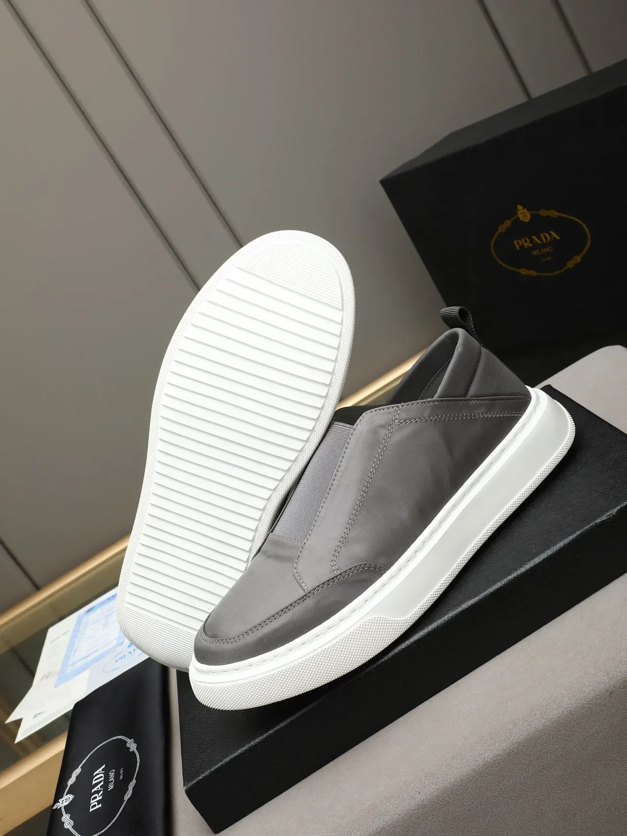 Prada Cloudbust Gray White Slip-On Elastic Gusset Lifestyle Sneakers 4
