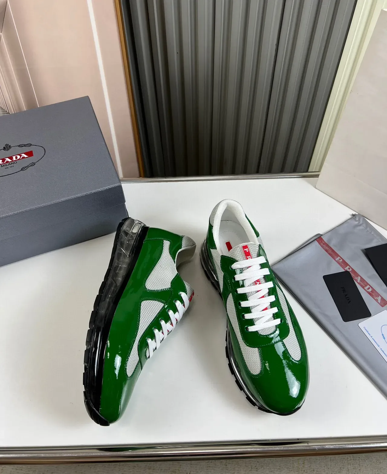 Prada Cloudbust Green Patent Leather Mesh Lifestyle Sneaker 6