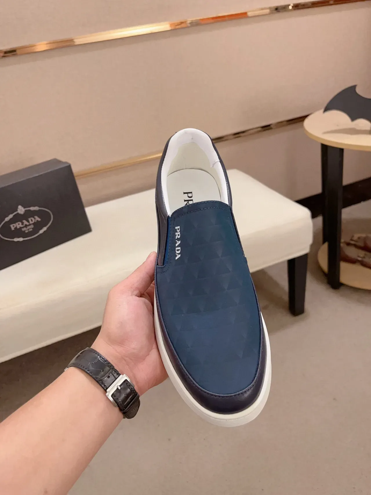 Prada Cloudbust Navy White Slip-On Quilted Vamp Loafer 2