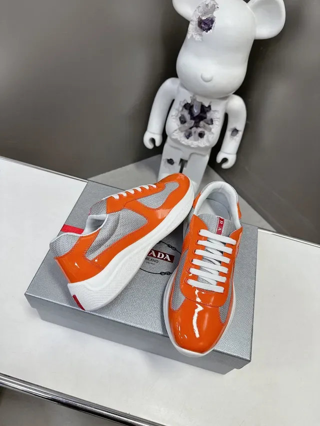 Prada Cloudbust Sneakers Lifestyle Orange Gris Cuir Patenté Brillant Panneaux de Malla 3