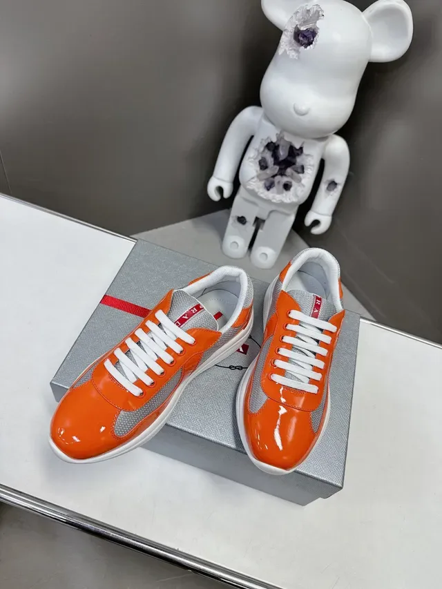 Prada Cloudbust Sneakers Lifestyle Orange Gris Cuir Patenté Brillant Panneaux de Malla 4