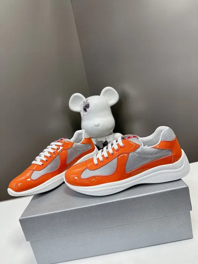 Prada Cloudbust Sneakers Lifestyle Orange Gris Cuir Patenté Brillant Panneaux de Malla 5
