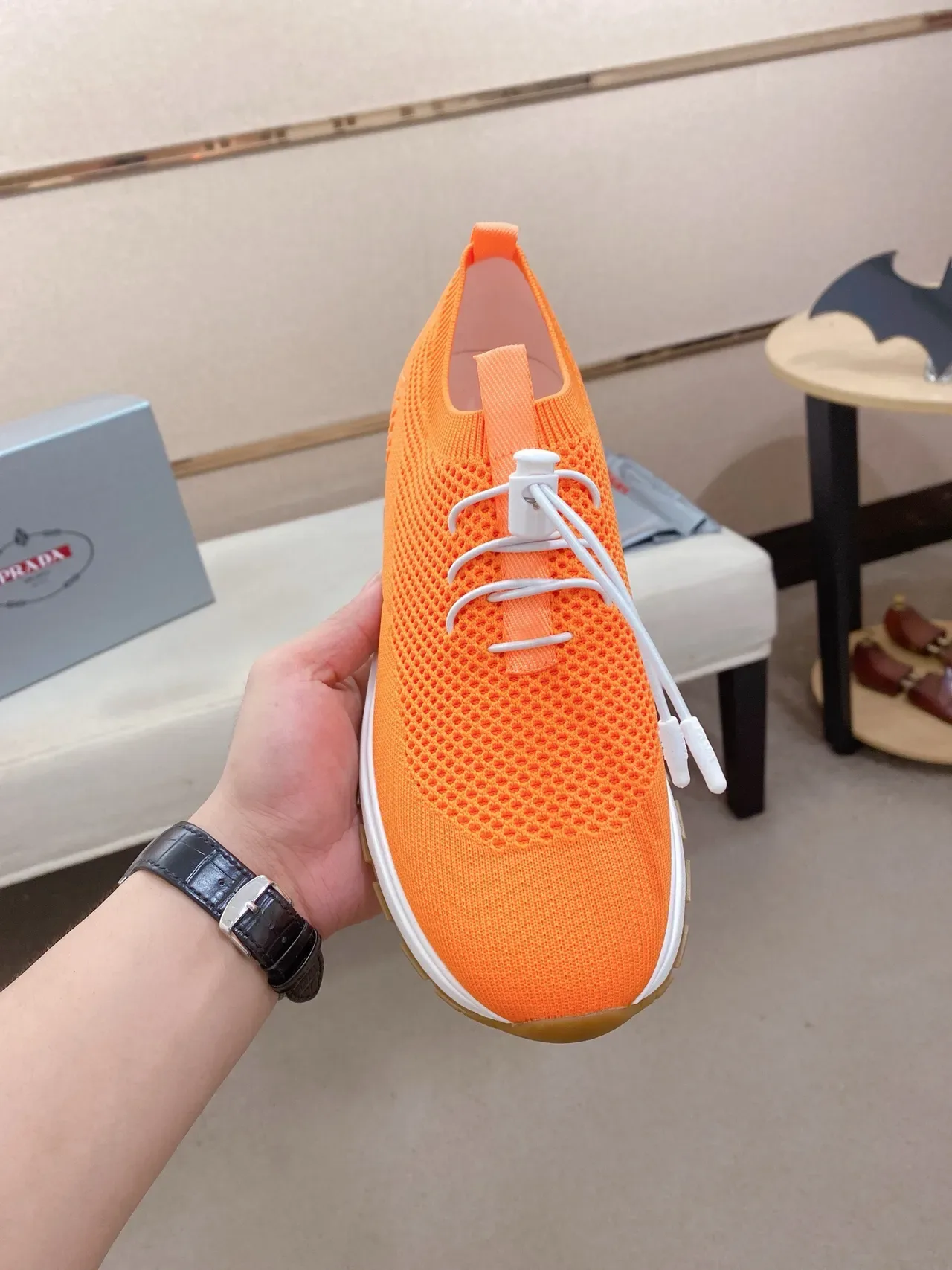 Prada Cloudbust Orange White Knit Sock-Fit Upper Toggle-Lace System Lifestyle Sneakers 2