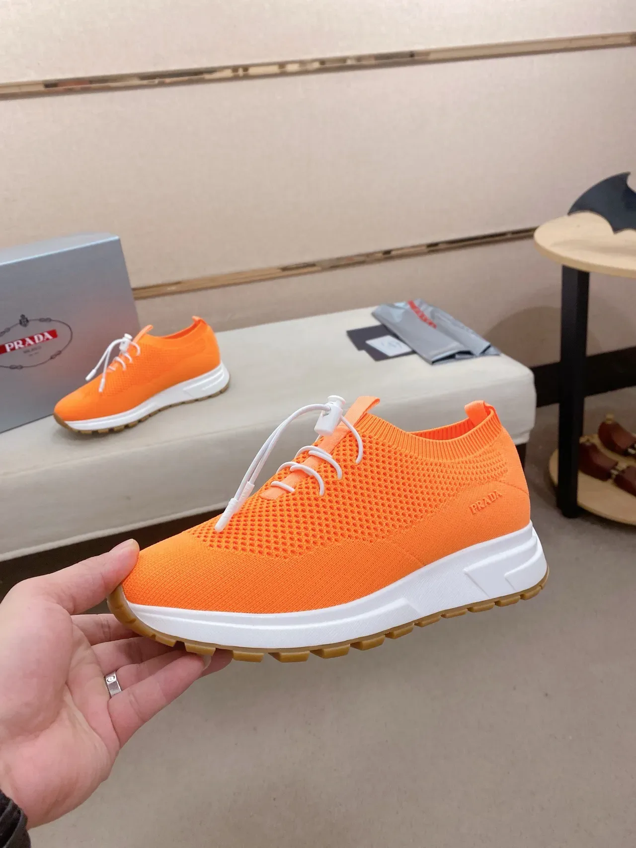 Prada Cloudbust Orange White Knit Sock-Fit Upper Toggle-Lace System Lifestyle Sneakers 3