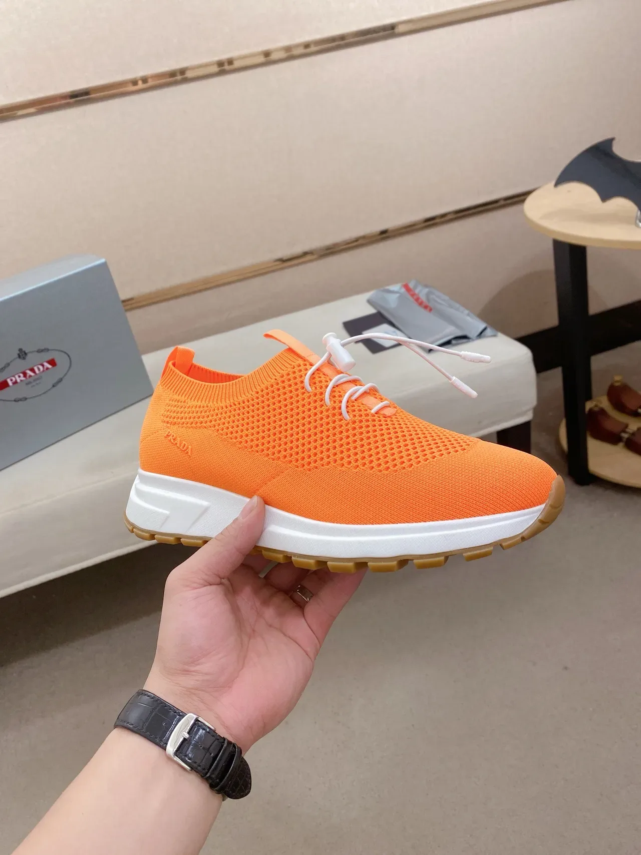 Prada Cloudbust Orange White Knit Sock-Fit Upper Toggle-Lace System Lifestyle Sneakers 4