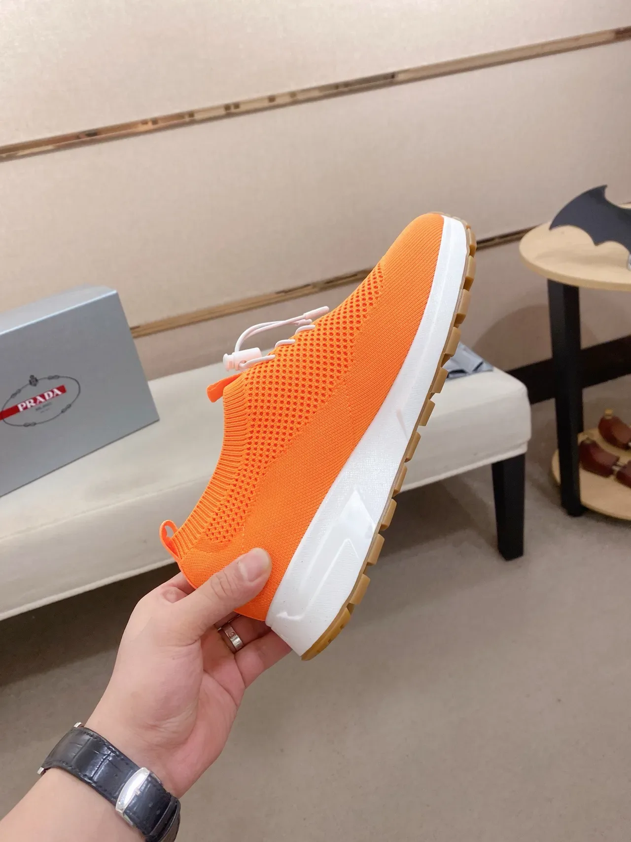 Prada Cloudbust Orange White Knit Sock-Fit Upper Toggle-Lace System Lifestyle Sneakers 5
