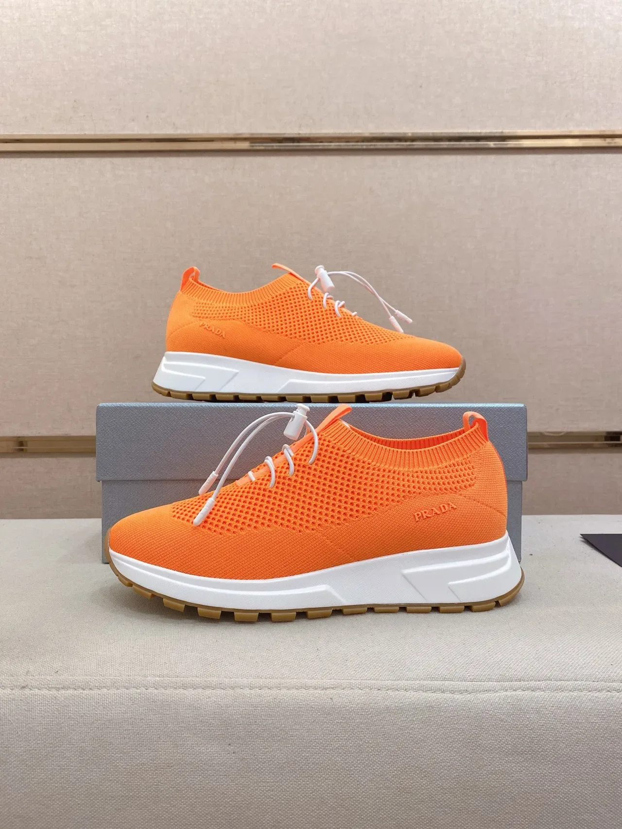 Prada Cloudbust Orange White Knit Sock-Fit Upper Toggle-Lace System Lifestyle Sneakers 7