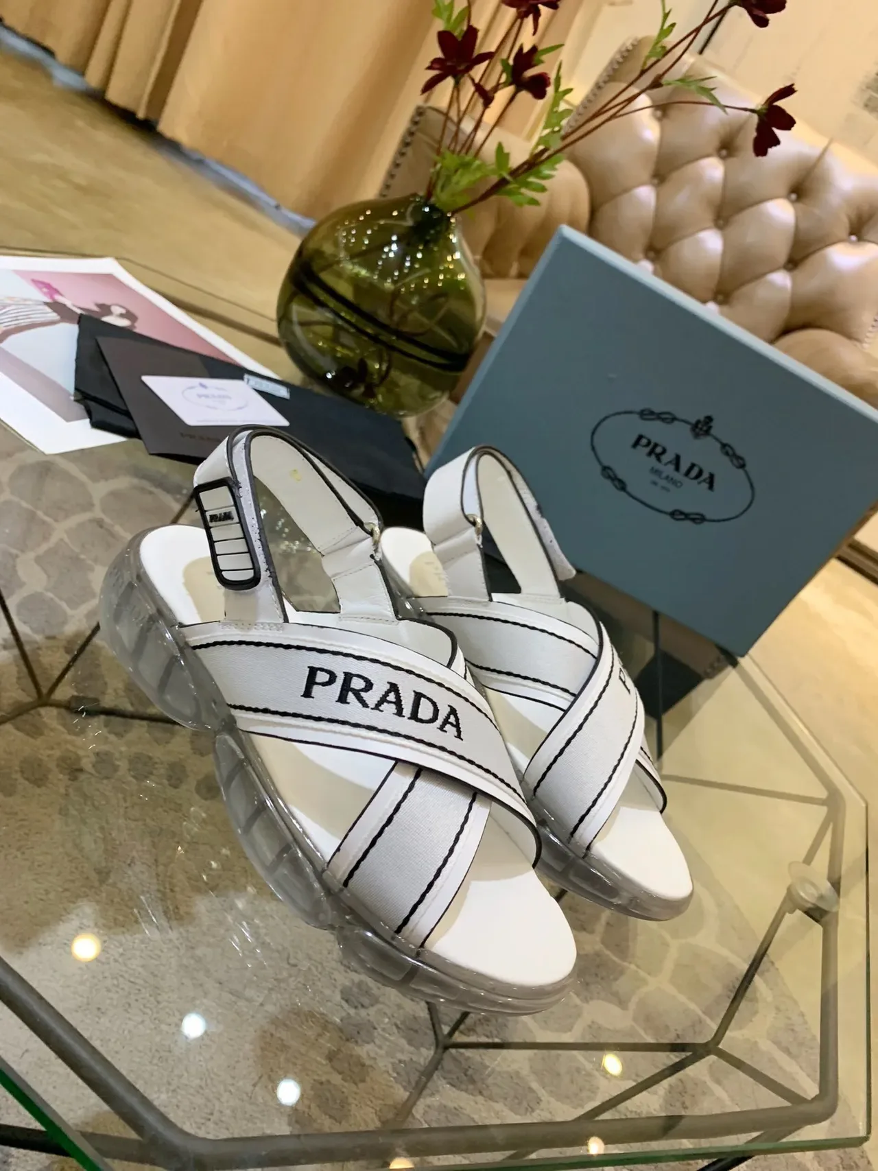 Prada Cloudbust White and Black Logo Strap Casual Sandals 2